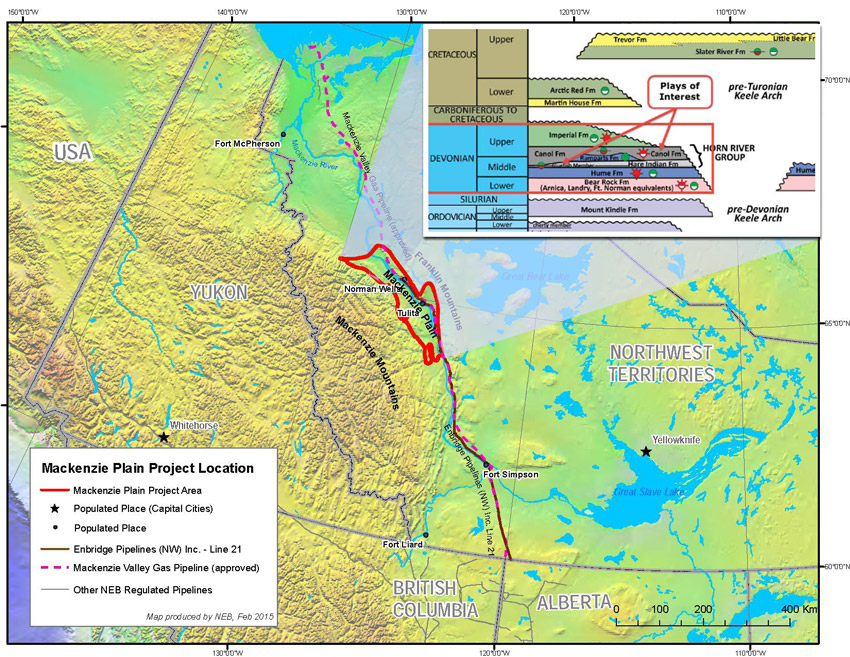 The map shows the location of the Mackenzie Plain project area in the Northwest Territories defined with a red line, inlaid in the top right corner of the map shows an intersectional diagram of the shale plays: Canol and Bluefish.