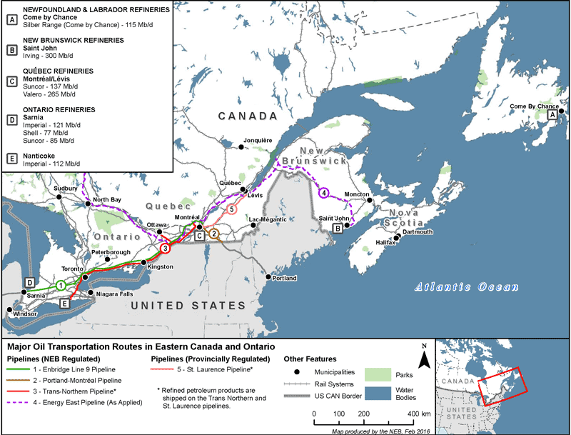 This map shows oil transportation systems in Ontario and Eastern Canada, including railroads and major pipelines (both NEB regulated and provincially regulated). The map also shows the location of refineries in the region. Montreal is a central point on this map, as it is where all of the operational oil pipelines either terminate (Line 9, Portland-Montreal, St. Laurence) or start (Trans-Northern). The CP Railroad also terminates in Montreal, while CN’s railroads stretch into northern Quebec and the Maritimes. The map also shows the route of the proposed Energy East pipeline, which would connect to the three largest refineries in eastern Canada (Suncor, Valero, and Irving).