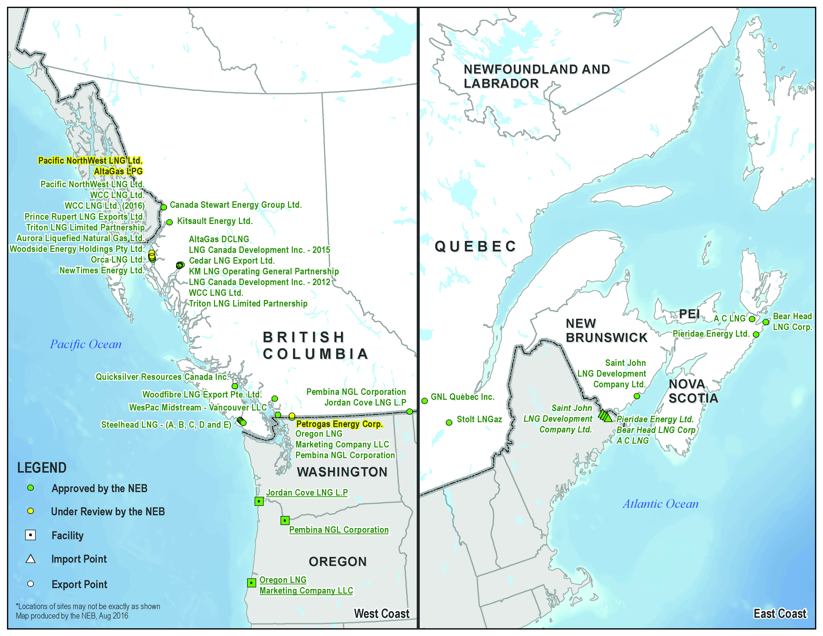 This geographic map shows the east and west coasts of Canada and the northern United States. It shows the locations of proposed facilities associated with licence applications that have been approved by the Board, as well as those under review. The majority of the facilities are located along the northern coast of British Columbia; a few are located on the southern coast and Vancouver Island. On the east coast of Canada, there are a few facilities in New Brunswick and northern Nova Scotia. There are also two projects being considered for Quebec.