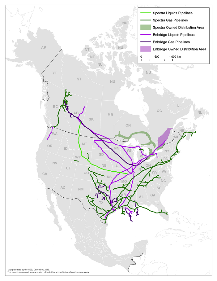 This map of Canada, the U.S., and Mexico illustrates Enbridge’s pipelines and local gas distribution areas as well as Spectra’s pipelines and local gas distribution areas. Enbridge’s pipeline assets are located in Canada and the U.S. while Enbridge’s local gas distribution area is located in eastern Ontario and southwestern Quebec. Spectra’s pipelines are located primarily in the U.S. and British Columbia, while Spectra’s local gas distribution area is located in Ontario. This map is a graphical representation intended for general informational purposes only.