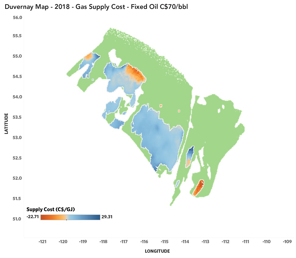 Map of supply costs of the Duvernay Shale marketable gas resource over the study area