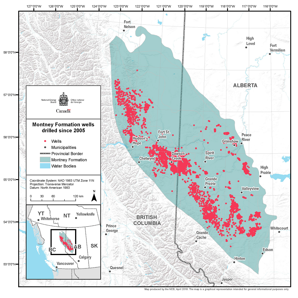 This map shows the location of the Montney Formation in a belt 200 km wide that stretches near Edson and Hinton, Alberta, in the southeast to near Fort Nelson, British Columbia, in the far northwest.