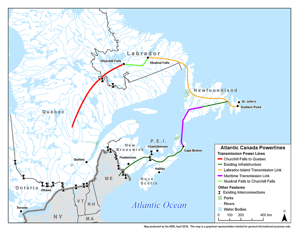 This map shows cross border electricity transmission lines, relevant provincial links, and interconnections between Canada and the U.S.