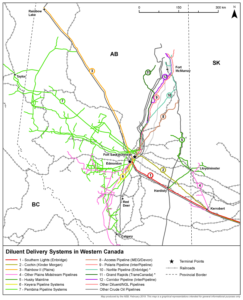 The map shows major oil pipelines in western Canada that carry diluent. Many of the pipelines gather pentanes plus, condensate, crude oil, and other natural gas liquids (NGL) from producing areas to the main oil and NGL hub at Edmonton/Fort Saskatchewan.