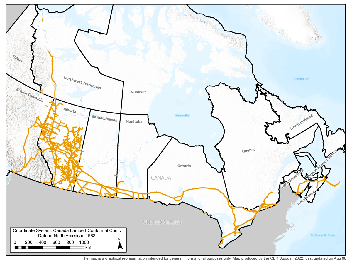Map of operating pipelines regulated by the Canada Energy Regulator (CER)