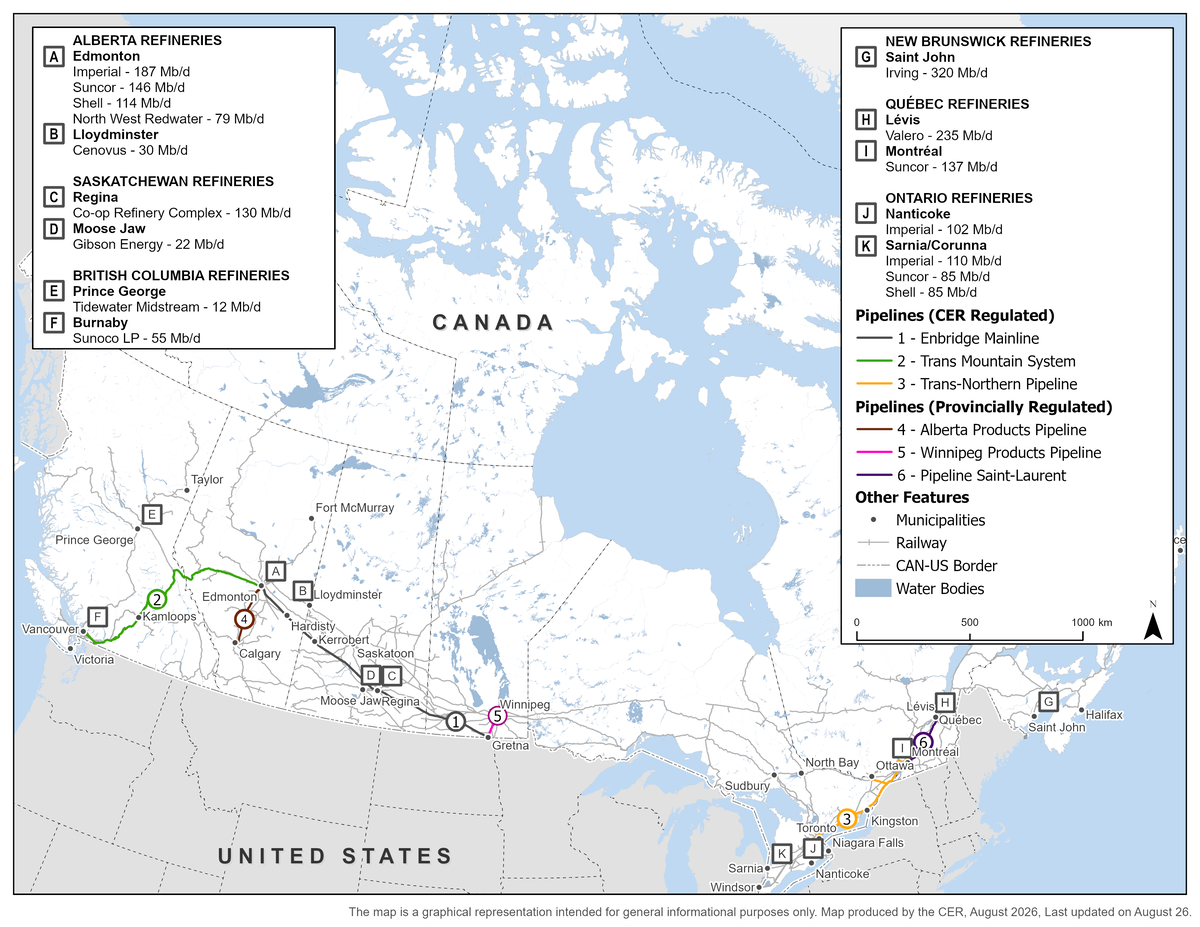 Canadian refineries map with key refined petroleum product pipelines