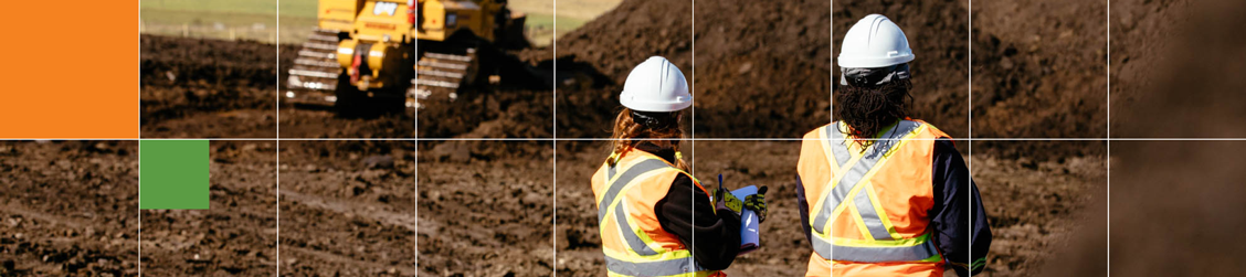 Banner showing two CER workers wearing PPE and taking notes in in a field being groomed by heavy machinery