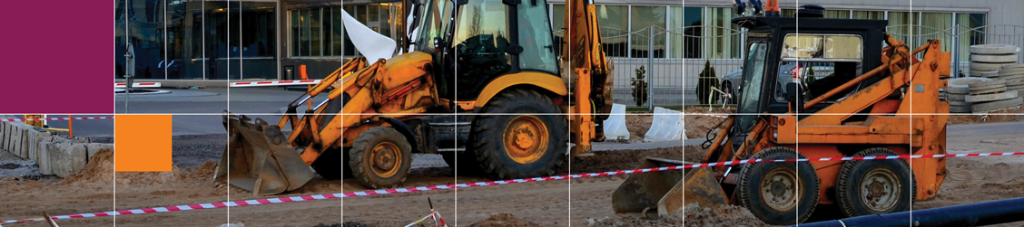 Banner showing two inactive skid steer loaders on a construction site