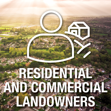 Landowners icon over top of an image depicting aerial view of residential and rural
environment – Residential and commercial landowners