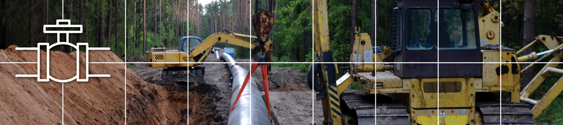 Banner with white intersecting lines and icon showing a crawler crane with side boom installing pipeline into dug trench