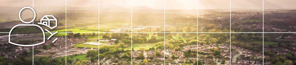 Banner with white intersecting lines and icon showing aerial view of residential and rural environment