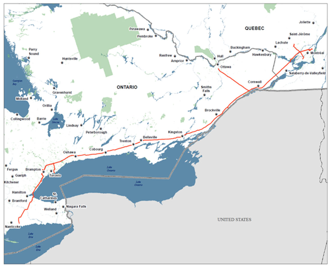 Figure 1 : Pipelines Trans-Nord Inc. - Carte du réseau de Trans-Nord réglementé par l'Office national de l'énergie