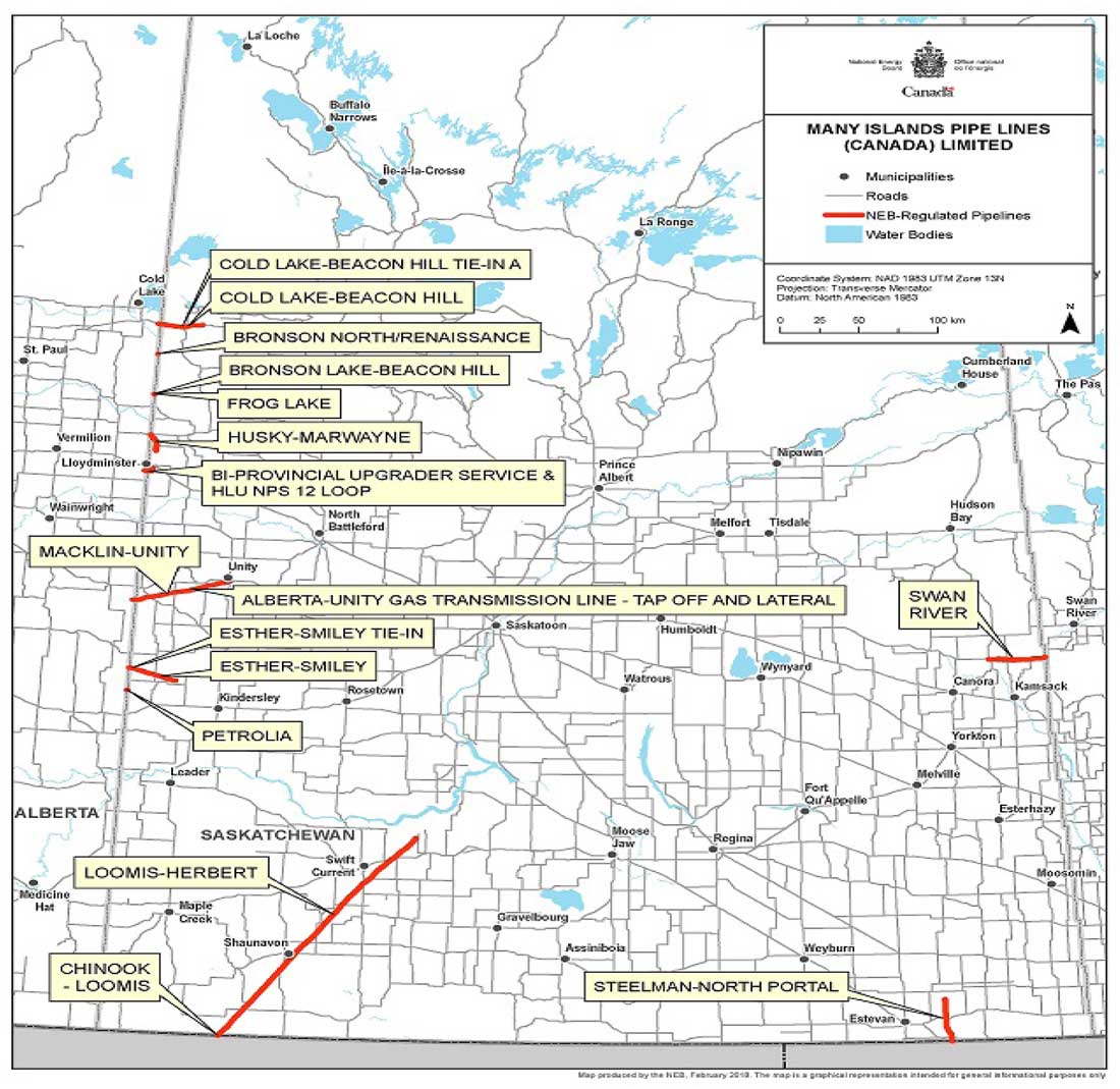 Carte du réseau pipeliner de Many Islands Pipe Lines (Canada) Limited
