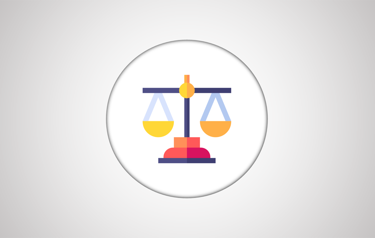 A balanced legal scale is displayed on a white circle.