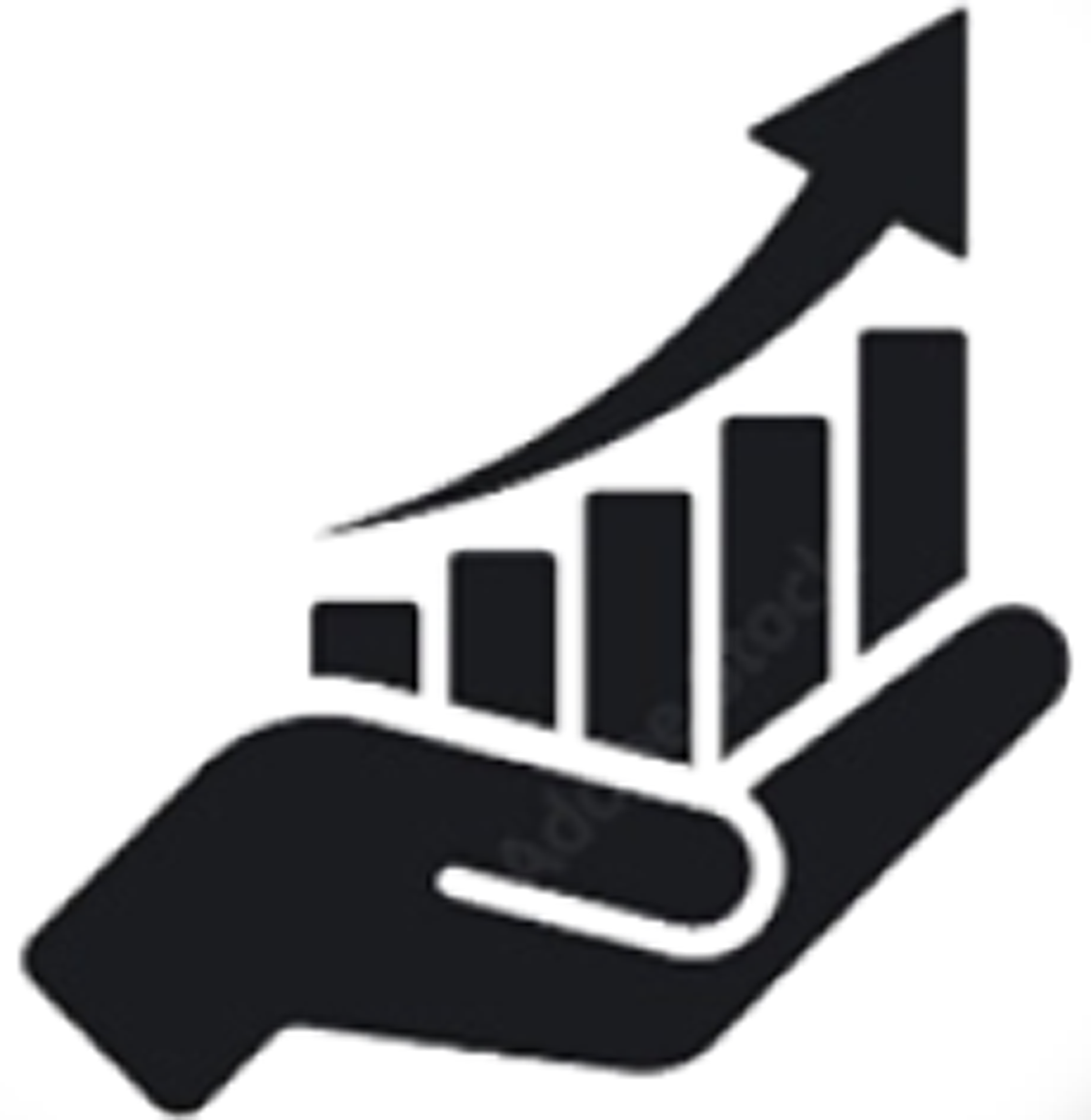 Icon – Black hand holding a bar graph showing progress and an arrow pointing up.