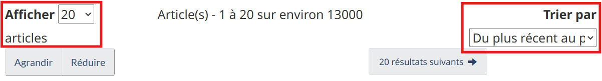 Où modifier la façon dont les termes recherchés sont triés et le nombre d’éléments à afficher.