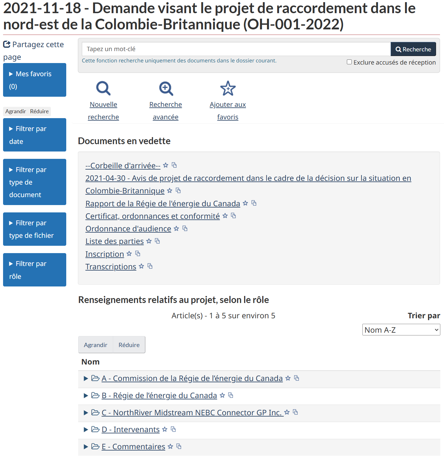 Aperçu de la page principale de REGDOCS concernant le projet de raccordement NorthRiver Midstream dans le nord-est de la Colombie-Britannique.
