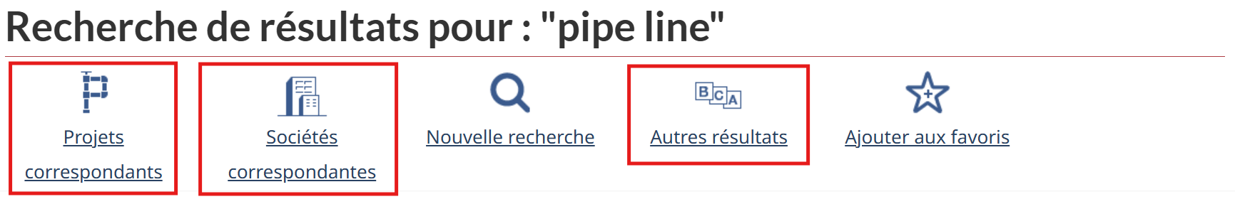 Où trouver les liens « Projets correspondants », « Sociétés correspondantes » et « Autres résultats ».