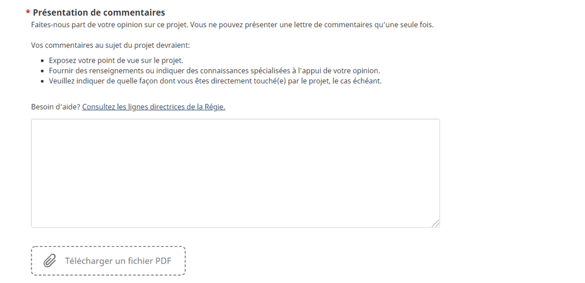 Image d’un formulaire avec une grande boîte de texte à remplir et une autre petite image montrant un symbole de trombone servant à télécharger un document PDF. Instructions pour transmettre vos commentaires.