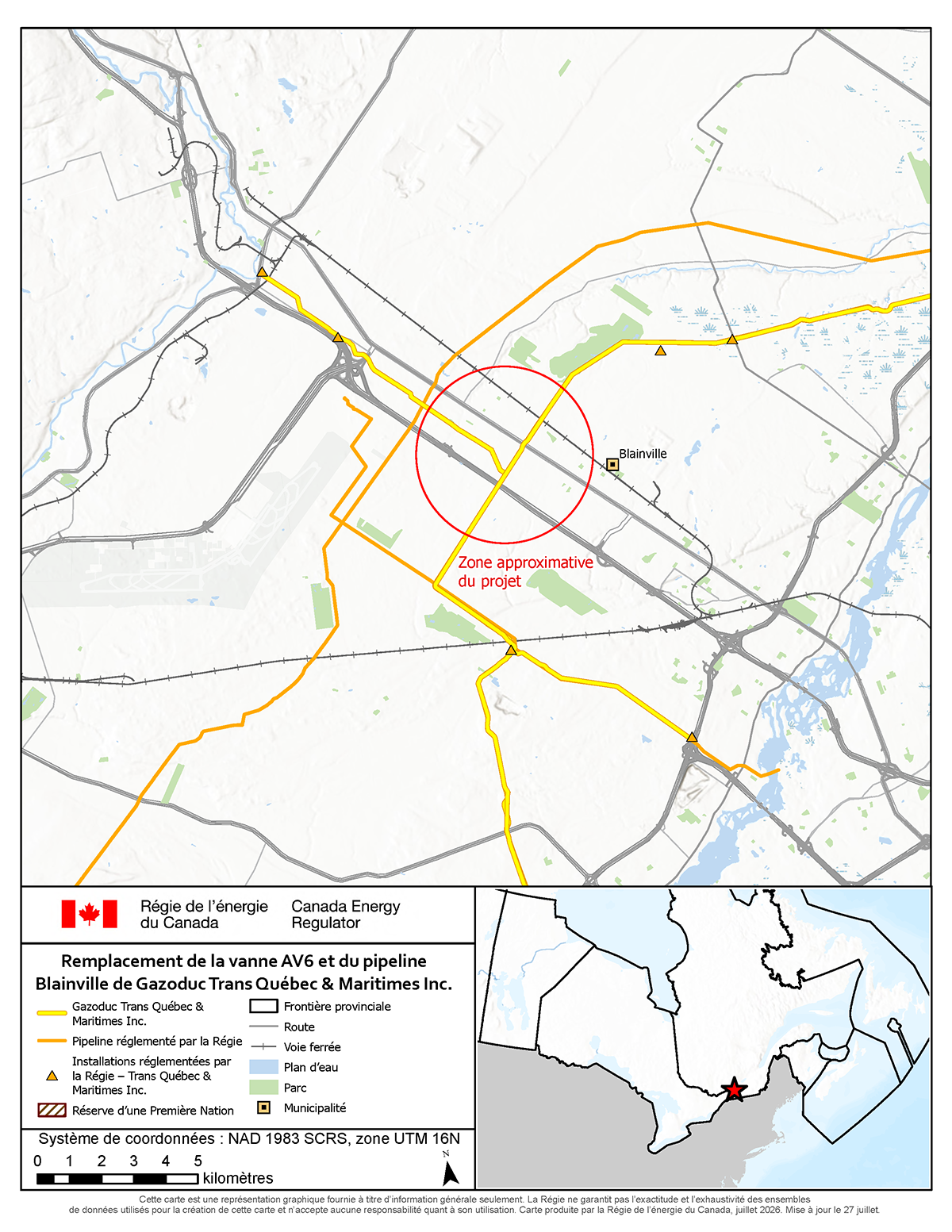 Gazoduc Trans Québec & Maritimes Inc. – Projet de remplacement de la vanne AV6 et du pipeline Blainville de TQMcarte