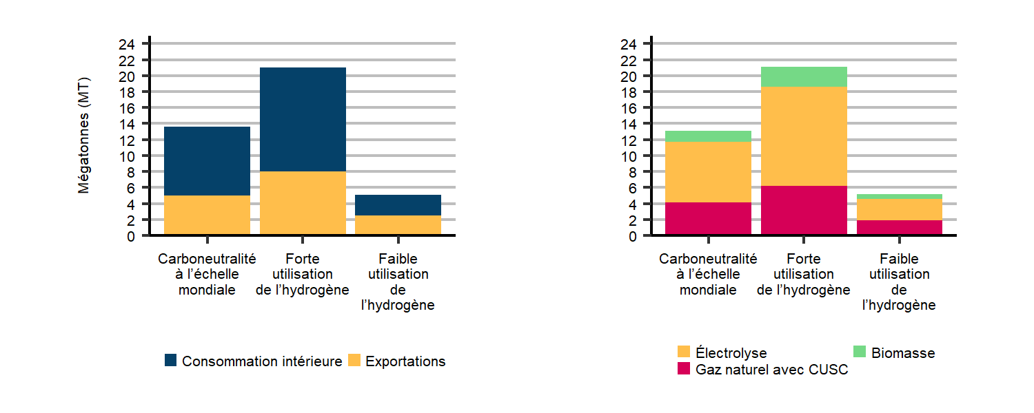 Figure R.41 : Utilisation et production d’hydrogène en 2050, scénario de carboneutralité à l’échelle mondiale, simulations de forte et de faible utilisation d’hydrogène