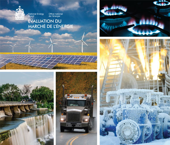 Photos: top left: wind turbines and solar panels in a canola field; bottom left: the Rideau Falls hydro-electricity dam in summer time; bottom centre: a transport truck on a rainy highway in autumn; top right: a natural gas cooking range with burners lit; bottom right: oil rig valves frosted in winter time.