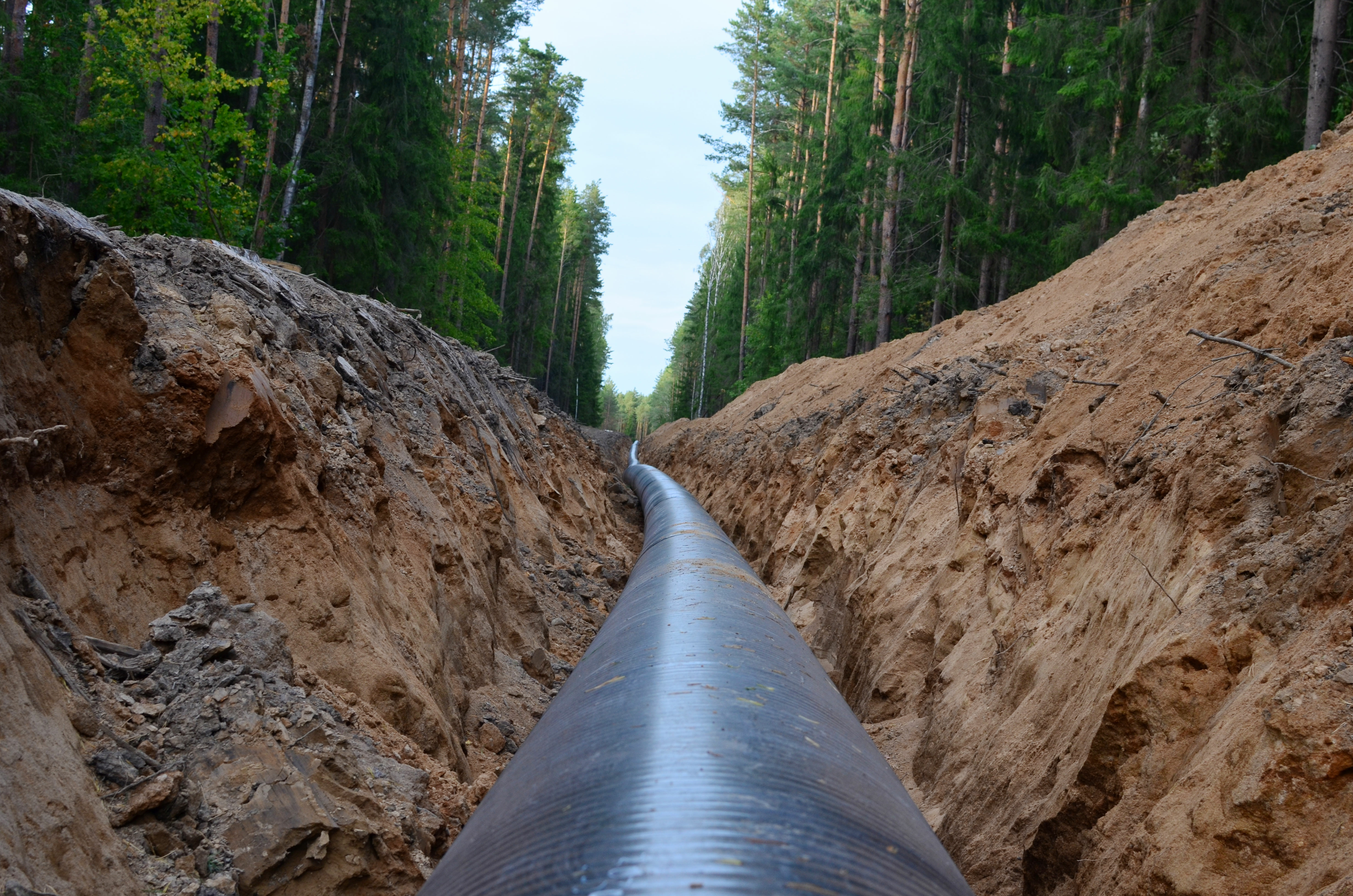 Un pipeline dans une tranchée rocheuse longée par une forêt de chaque côté.