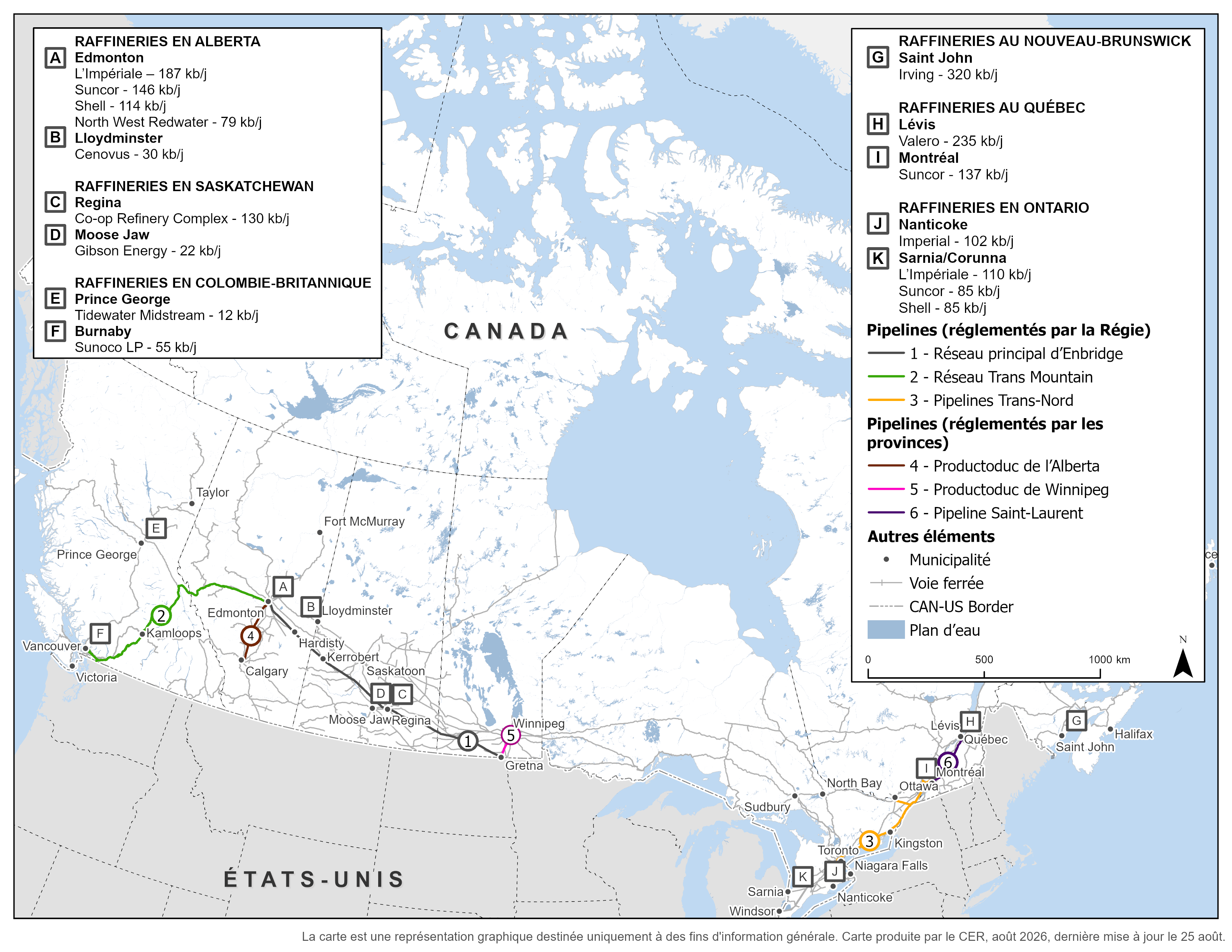 Carte des raffineries au Canada et des principaux pipelines de produits pétroliers raffinés