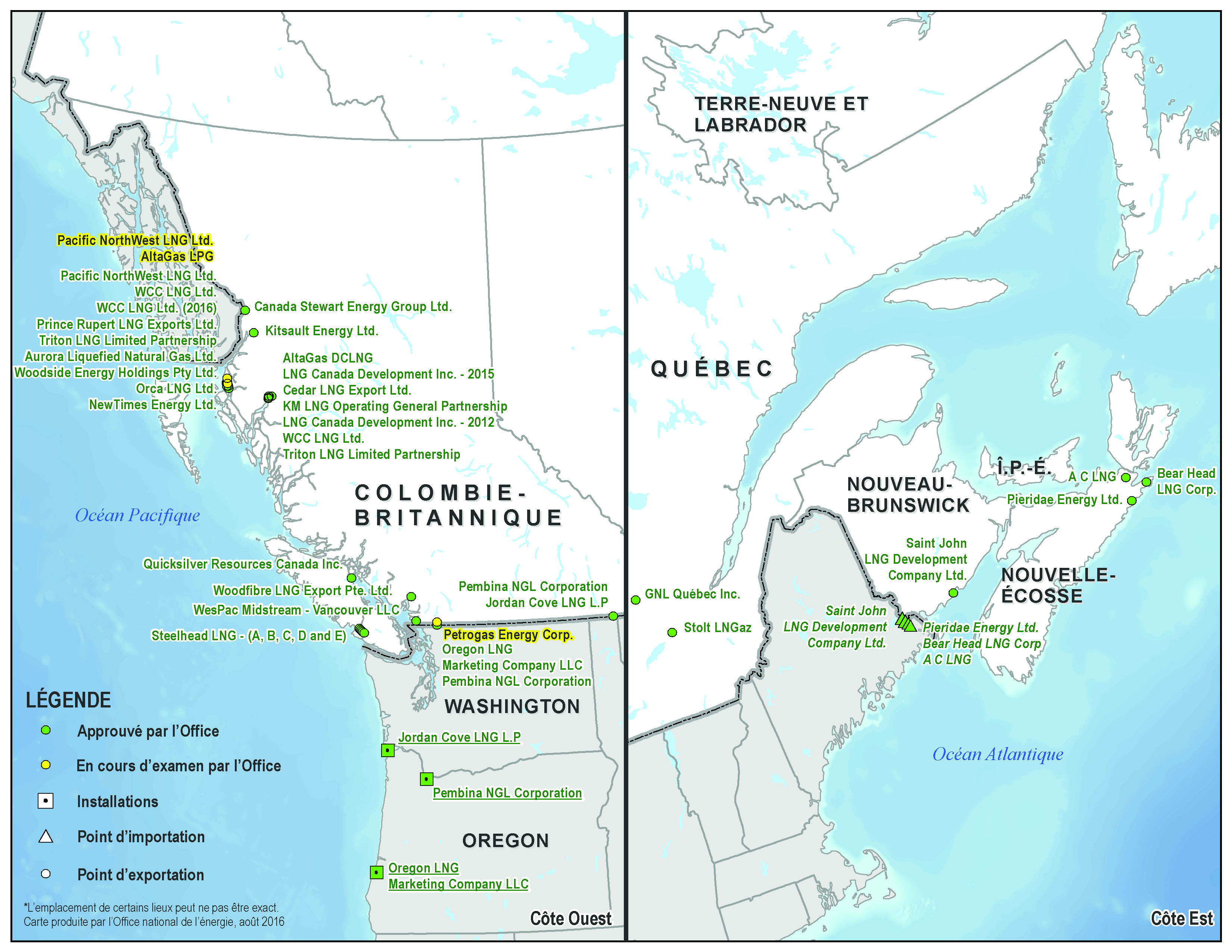 Cette carte géographique montre les côtes est et ouest du Canada ainsi que le nord des États-Unis. Elle indique les endroits où sont proposées des installations visées par les demandes de licence qui ont été approuvées par l’Office et celles qui sont à l’étude. La majorité des installations sont situées le long de la côte nord de la Colombie-Britannique; quelques-unes se trouvent sur la côte sud et l’île de Vancouver. Sur la côte est du Canada, il y a quelques installations au Nouveau-Brunswick et dans le nord de la Nouvelle-Écosse. Deux projets sont également envisagés pour le Québec.
