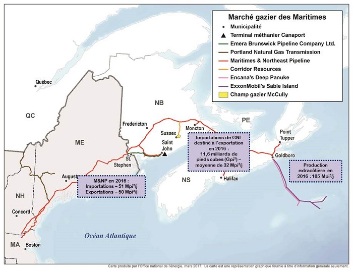 Cette carte illustre le commerce gazier dans les Maritimes. Sont inclus M&NP, les pipelines acheminant la production extracôtière de l’île de Sable et des plateformes Deep Panuke, le gisement McCully et le pipeline Emera Brunswick, qui transporte du gaz naturel à partir du terminal méthanier Canaport à Saint John.
