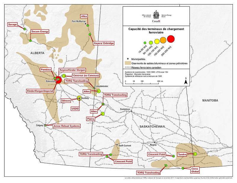 Principaux terminaux de chargement ferroviaire de pétrole brut dans le bassin sédimentaire de l’Ouest canadien