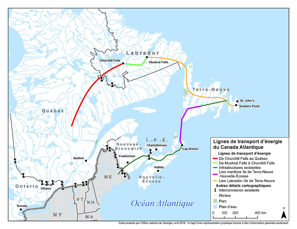 La carte montre les lignes de transport d’énergie transfrontalières, les liens provinciaux connexes et les interconnexions Canada-États Unis