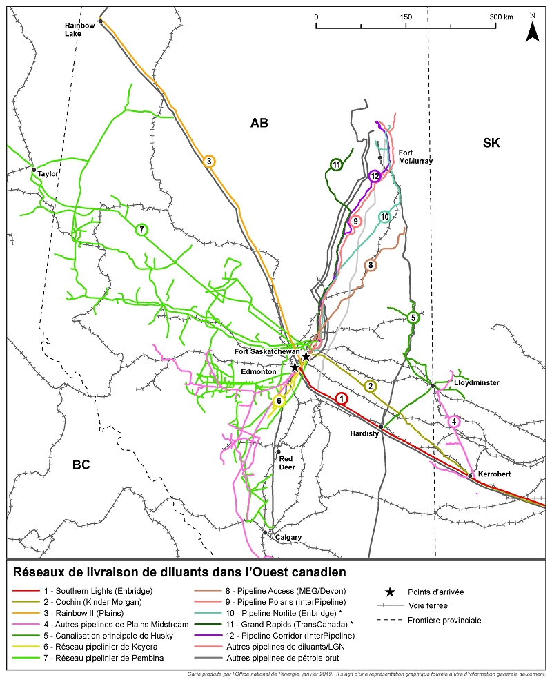La carte illustre le tracé des principaux pipelines transportant des diluants dans l’Ouest canadien. Nombreux sont ceux qui récupèrent les pentanes plus, les condensats, le pétrole brut et d’autres liquides de gaz naturel extraits dans les zones d’exploitation pour les diriger vers le principal carrefour d’Edmonton/Fort Saskatchewan. 