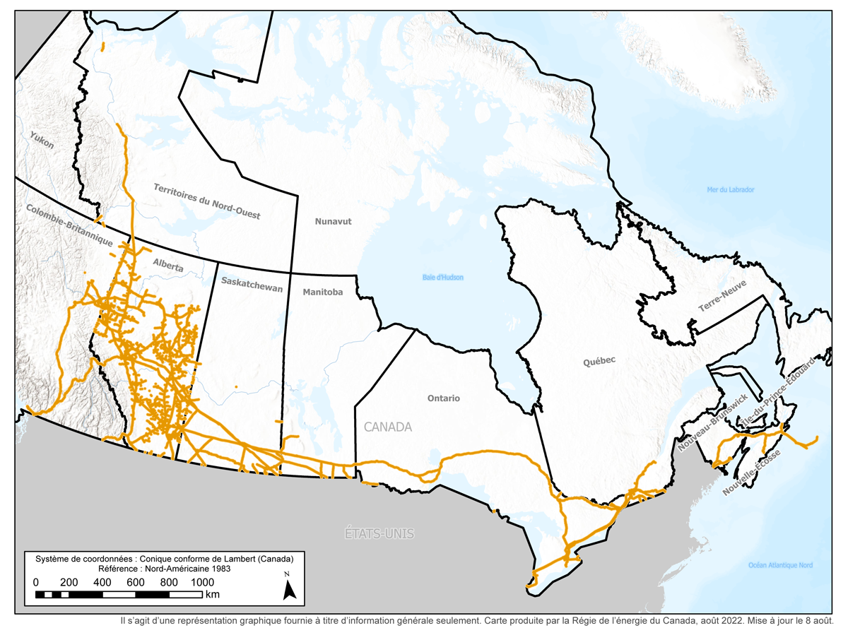 Carte des pipelines en exploitation réglementés par la Régie de l’énergie du Canada