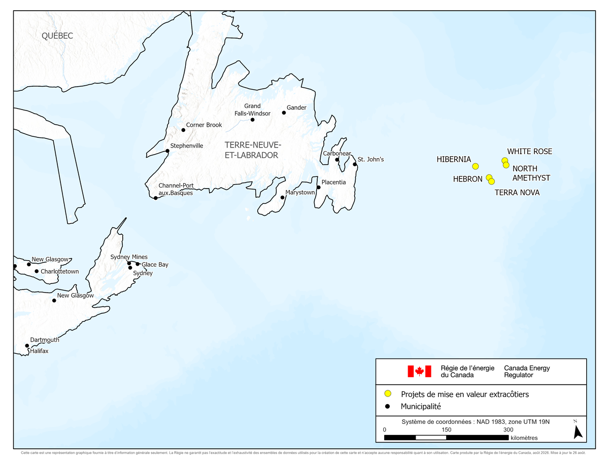 Carte des champs pétroliers extracôtiers actuellement en exploitation à Terre-Neuve-et-Labrador.