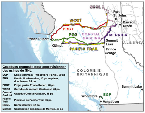 Figure 14 : Projets pipeliniers proposés pour les installations de GNL de la côte ouest