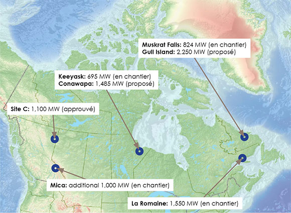 Figure 16 : Carte des projets hydroélectriques canadiens incluant capacité et situation actuelle