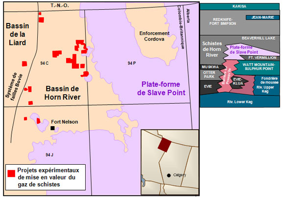 Figure 12 : Stratigraphie et emplacement du bassin de Horn River