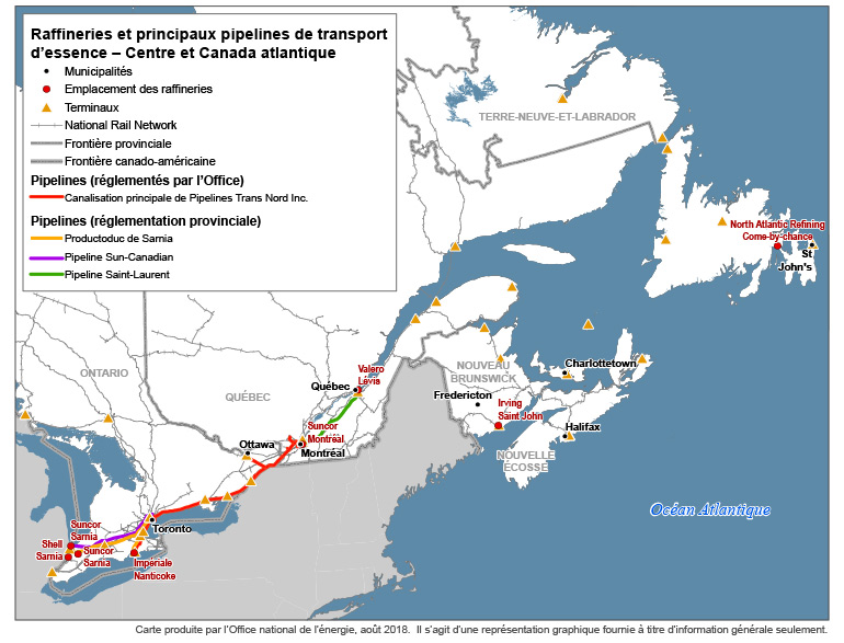 Figure 6 : Raffineries et principaux pipelines de transport d’essence dans le Canada central et atlantique