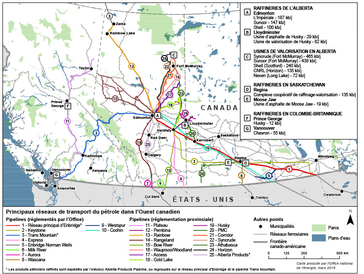 Figure 11 : Raffineries et principaux réseaux de transport du pétrole dans l’Ouest canadien