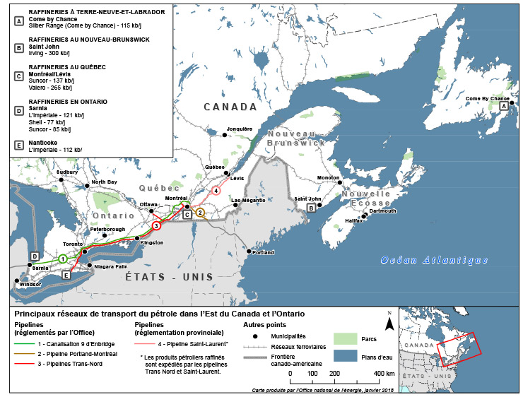 Figure 13 : Raffineries et principaux réseaux de transport du pétrole dans l’Est canadien et l’Ontario