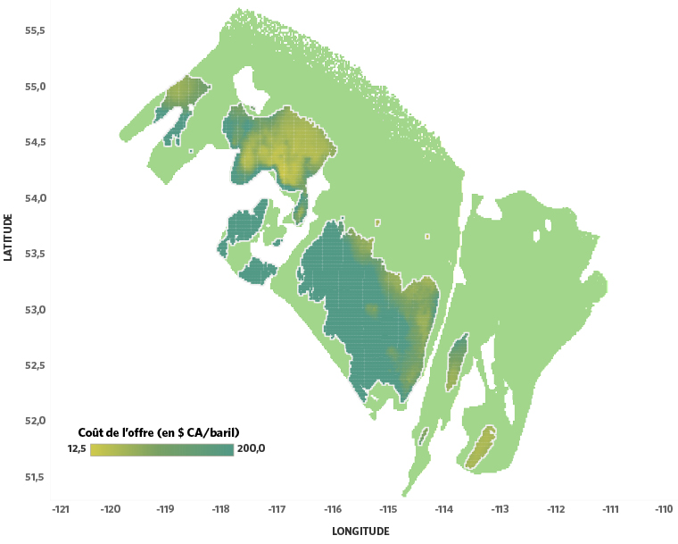 Figure A1. Carte illustrant les coûts de l’offre du pétrole brut de la formation schisteuse de Duvernay, basés sur le coût des puits de 2017 et le prix du gaz naturel constant à 2,50 $ CA/GJ. 