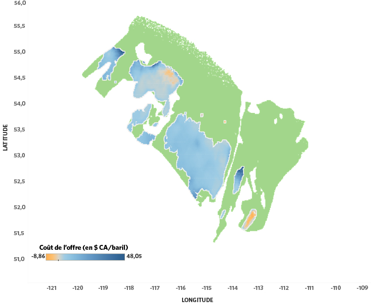 Figure A2. Carte illustrant les coûts de l’offre du gaz naturel de la formation schisteuse de Duvernay, basés sur le coût des puits de 2017 et le prix du pétrole brut léger non corrosif constant à 60 $ CA/baril.