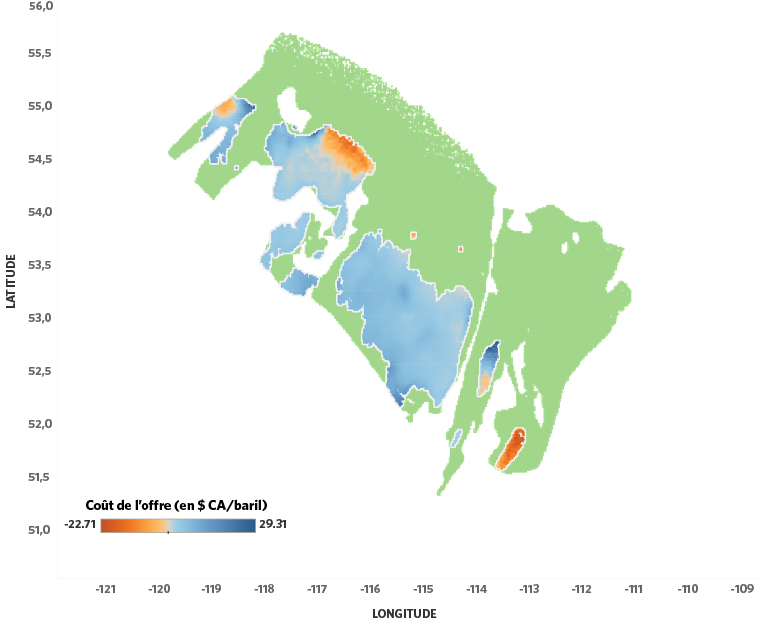  
Figure A4. Carte illustrant les coûts de l’offre du gaz naturel de la formation schisteuse de Duvernay, basés sur le coût des puits de 2018 et le prix du pétrole brut léger non corrosif constant à 70 $ CA/baril.
