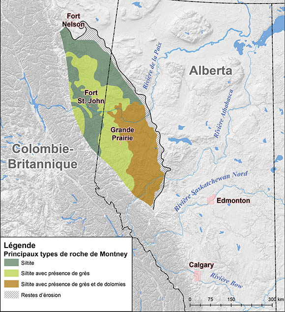 Figure 16 - Formation de Montney (modification de la carte du Geological Atlas du Bassin sédimentaire de l’Ouest canadien