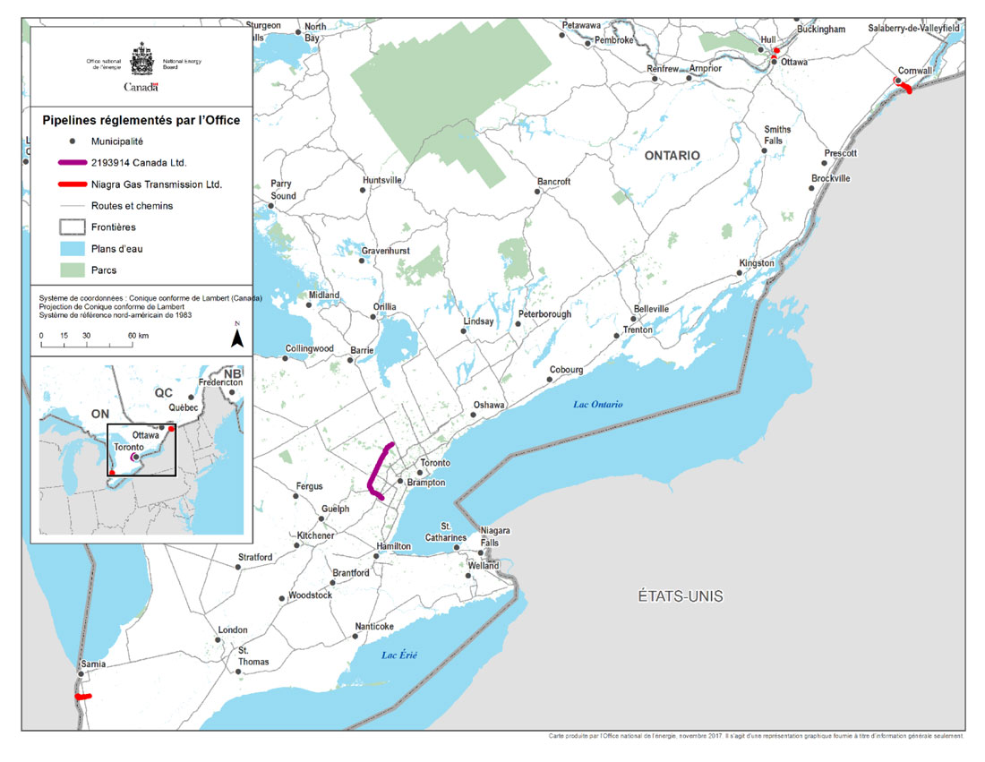 Carte du réseau pipeliner de 2193914 Canada Ltd. et de Niagara Gas Transmission Ltd.