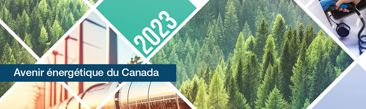 Bannière d'Avenir énergétique au Canada, arbres, hydrogénoduc, éoliennes et véhicule électrique en cours de charge